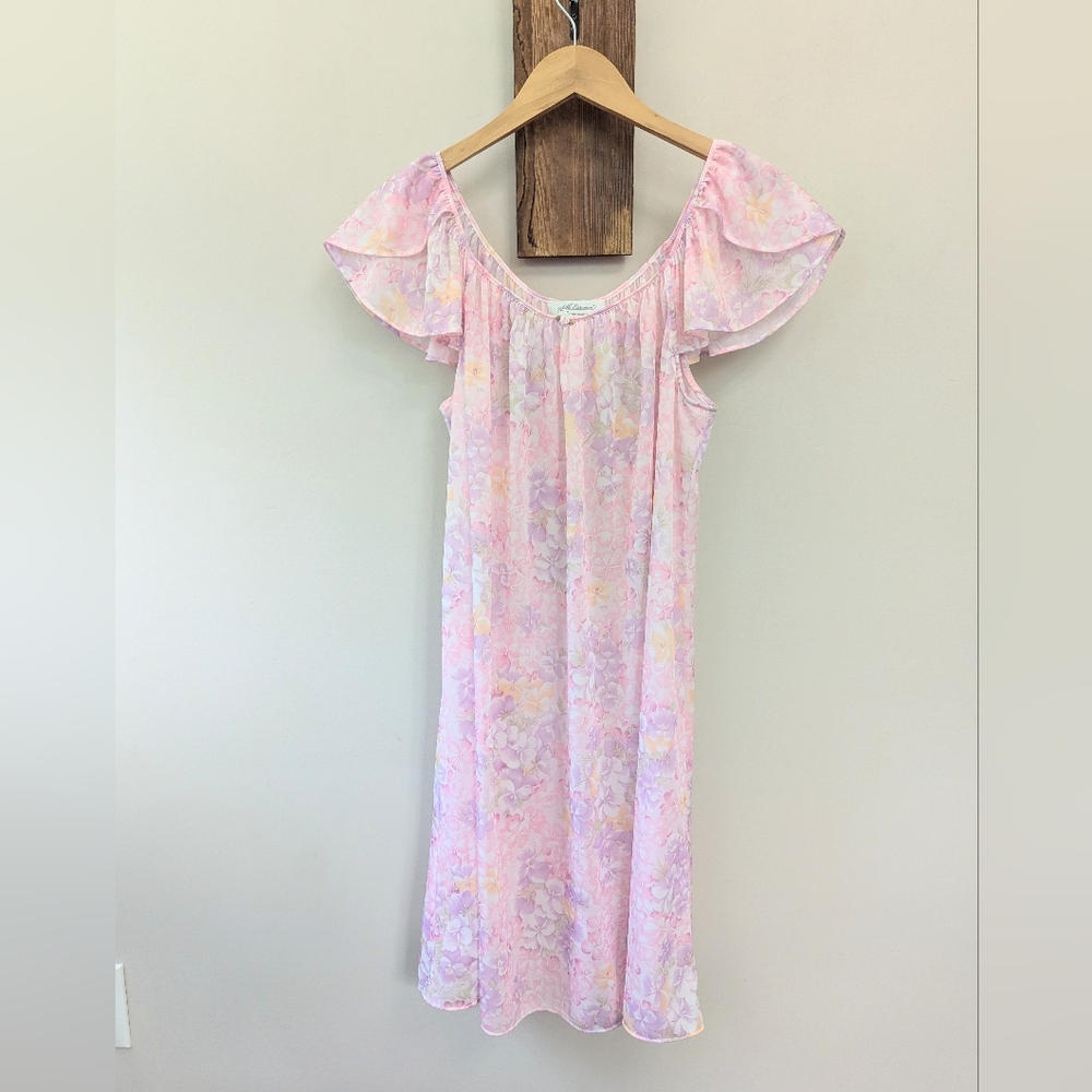 Miss Elaine Silk Essence Pansy Floral Flutter Sleeve Nightgown